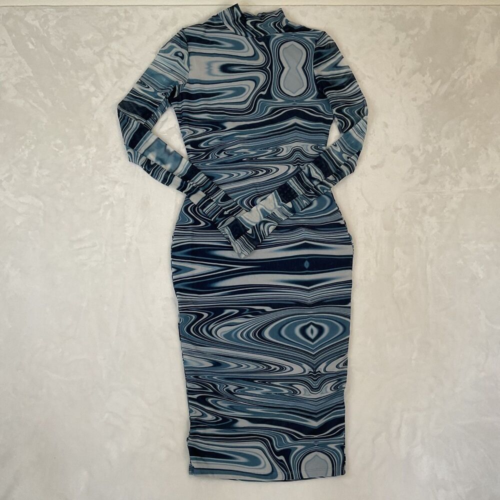 Fashion Nova "Cary Printed Midi Dress" in blue/combo.